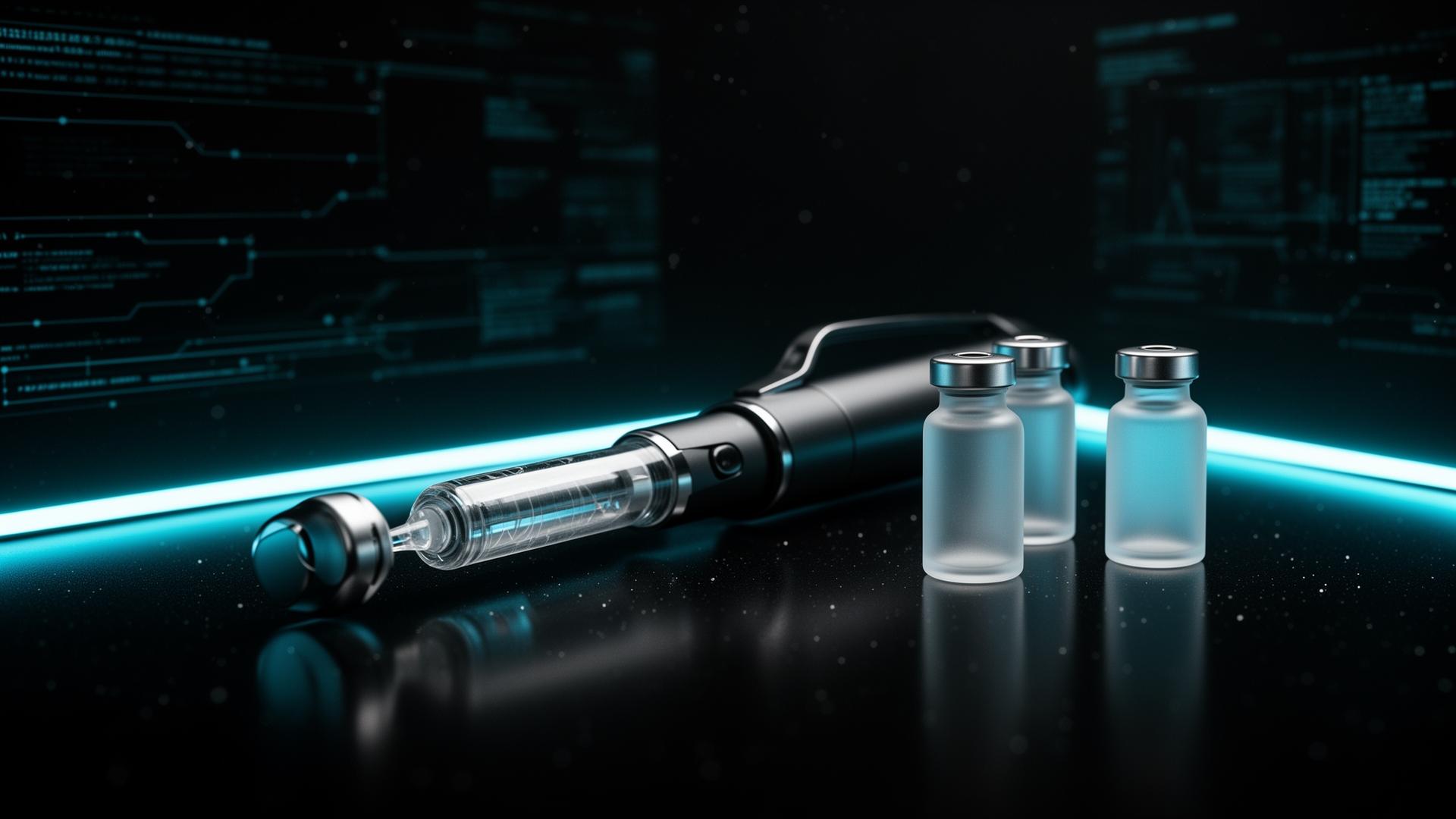 Premium peptide injection pen and vials in a modern biohacking lab